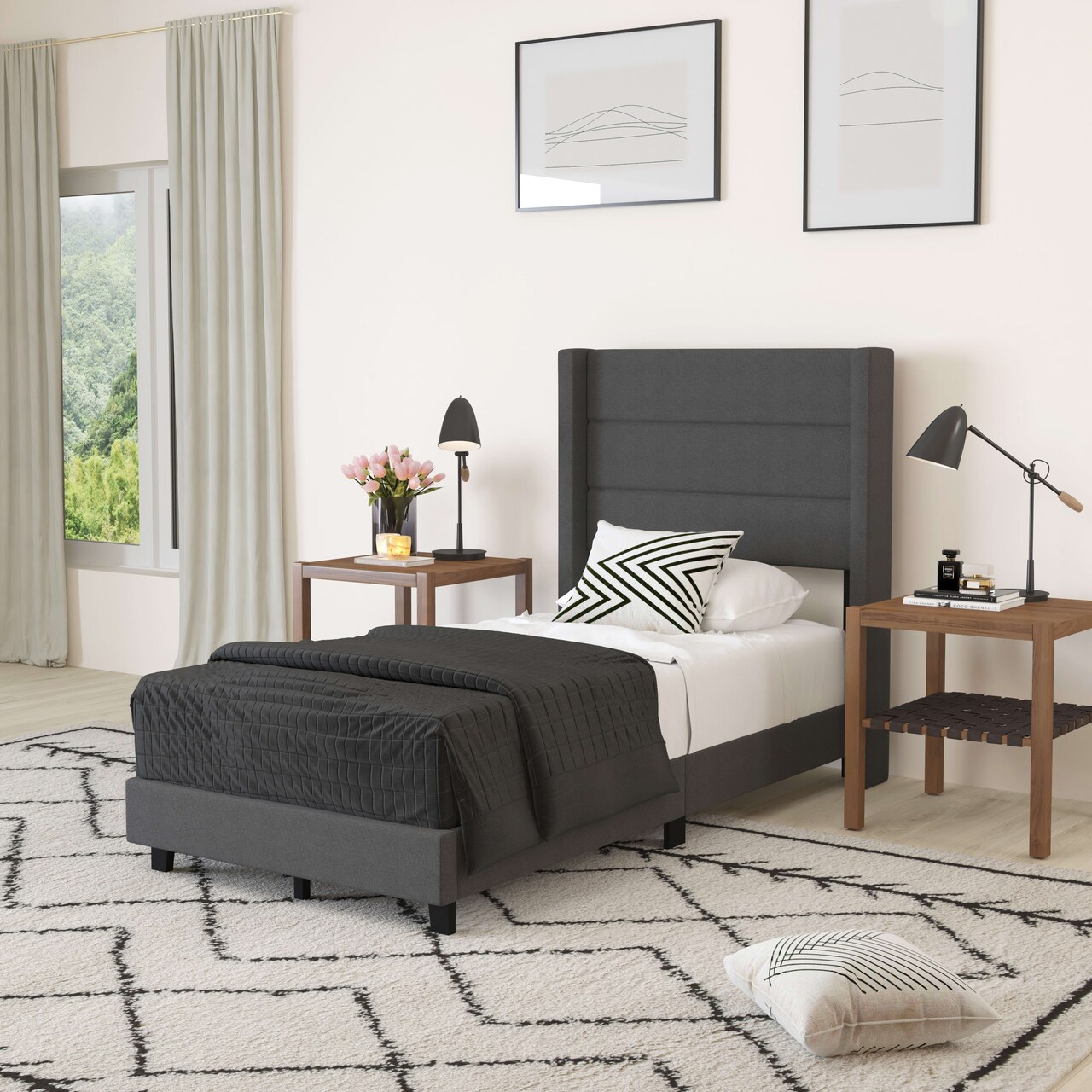 Merrick Lane Percy Modern Platform Bed with Padded Channel Stitched Upholstered Wingback Headboard and Underbed Clearance